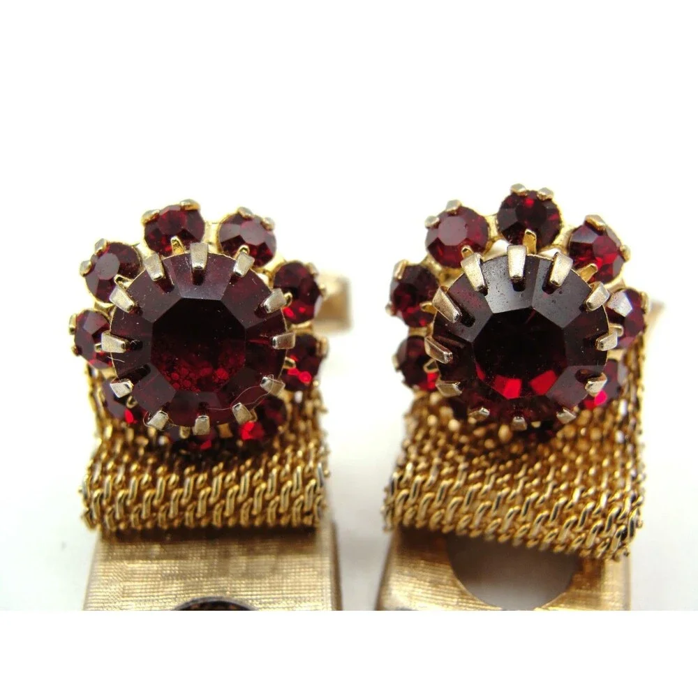 Vintage Ruby Red Rhinestone Mesh Wrap Around Cufflinks Gold Tone Mid Century